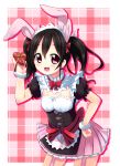  1girl :d animal_ears bad_id black_hair blush bow bracelet detached_collar earrings garter_straps garters gift hair_ribbon heart jewelry kurou_(quadruple_zero) love_live!_school_idol_project maid maid_headdress open_mouth plaid plaid_background puffy_short_sleeves puffy_sleeves rabbit_ears red_eyes ribbon short_sleeves smile solo twintails yazawa_nico 