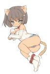  1girl animal_ears ass bad_id bare_shoulders blade_(galaxist) blue_eyes blush brown_eyes hair_ornament hairclip long_sleeves looking_at_viewer lowres off-shoulder_sweater off_shoulder original ribbed_sweater short_hair shorts simple_background socks solo sweater tail tiger_ears tiger_tail white_background white_legwear 