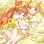  2girls blonde_hair boots bow brown_eyes brown_hair choker color_connection cure_rosetta cure_sunshine dokidoki!_precure double_bun heartcatch_precure! hug knee_boots long_hair lying magical_girl midriff multiple_girls myoudouin_itsuki navel orange_bow precure puffy_sleeves smile tamago_kago twintails wrist_cuffs yellow yellow_bow yellow_eyes yotsuba_alice 