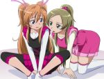  2girls all_fours blue_eyes brown_hair butterfly_sitting capri_pants eyelashes green_eyes heart houjou_hibiki kneeling leggings long_hair manji_(tenketsu) minamino_kanade multiple_girls open_mouth orange_hair pants precure sitting skirt smile suite_precure thigh-highs white_background white_legwear 