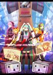  2boys 6+girls aaa_(seiga3782283) absurdres ahoge arm_up belt blonde_hair blue_eyes boots brother_and_sister cross-laced_footwear drumsticks electric_guitar green_hair guitar gumi hair_ornament hair_ribbon hairclip hatsune_miku highres ia_(vocaloid) instrument kagamine_len kagamine_rin kaito knee_boots lace-up_boots letterboxed long_hair megaphone megurine_luka meiko microphone multiple_boys multiple_girls necktie niconico orange_eyes outstretched_arm pigeon-toed purple_hair ribbon sailor_collar short_hair siblings skirt smile star thigh-highs twintails very_long_hair vocaloid wrist_cuffs 