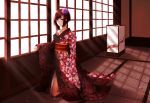  1girl blush brown_eyes brown_hair hair_ornament japanese_clothes kimono kneeling kokoro6636 legs obi original sash solo sunlight window 