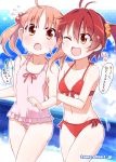  2girls :o ;d ahoge antenna_hair beach bikini blush brown_eyes brown_hair casual_one-piece_swimsuit flat_chest flying_sweatdrops frilled_swimsuit frills front-tie_top heart isshiki_akane isshiki_momo kitahara_tomoe_(artist) kitahara_tomoe_(kitahara_koubou) multiple_girls navel one-piece_swimsuit one_eye_closed open_mouth pink_hair pink_swimsuit red_bikini scrunchie short_hair siblings side-tie_bikini sisters smile sweatdrop swimsuit translated twintails vividred_operation wink 