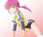  1boy androgynous bad_id buruma ebi-rom green_eyes gym_uniform inazuma_eleven_(series) inazuma_eleven_go kirino_ranmaru male_focus pink_hair raimon raimon_soccer_uniform soccer_uniform solo sportswear trap twintails 