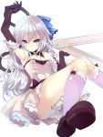  1girl armpits bare_shoulders blue_eyes dress elbow_gloves elf foreshortening giant_object gloves hair_ribbon kneehighs long_hair minchi_(lordofthemince) original panties pantyshot pointy_ears ribbon scissors solo underwear white_hair 