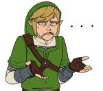 ... 1boy chainmail eyebrows fingerless_gloves gloves hat light_brown_hair link lowres male_focus nintendo pointy_ears sarky solo sweatdrop the_legend_of_zelda thick_eyebrows tunic vambraces 
