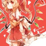  1girl ascot blonde_hair blush character_name crystal female flandre_scarlet hat hisona_(suaritesumi) red_background red_eyes short_hair side_ponytail skirt smile solo touhou wings 