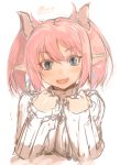  10s 1girl 2013 blue_eyes blush breasts dated earrings face fang jewelry lilim_(shingeki_no_bahamut) looking_at_viewer mel/a open_mouth pink_hair pointy_ears ribbed_sweater shingeki_no_bahamut short_twintails signature sketch slit_pupils smile solo sweater turtleneck turtleneck_sweater twintails upper_body white_background 