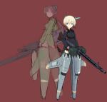  2girls armor armored_boots back-to-back blonde_hair blue_eyes boots commentary erica_hartmann gertrud_barkhorn gun holding holding_gun holding_weapon looking_at_viewer looking_back machine_gun military military_uniform multiple_girls p.1101 shimada_fumikane simple_background standing strike_witches uniform weapon 