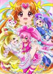  4girls blonde_hair blue_eyes blush boots bow carrying cat choker circlet cure_beat cure_melody cure_muse cure_muse_(yellow) cure_rhythm dress electric_guitar frills green_eyes guitar hair_ornament hair_ribbon heart houjou_hibiki hummy_(suite_precure) instrument jewelry knee_boots kurokawa_eren long_hair magical_girl midriff minamino_kanade multiple_girls open_mouth orange_hair pink_bow pink_hair pink_legwear precure princess_carry purple_hair red_eyes ribbon seiren_(suite_precure) shirabe_ako side_ponytail skirt smile suite_precure thigh-highs twintails yellow_dress yellow_eyes yellow_skirt zooya 