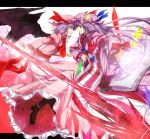  2girls ascot bat_wings book bow crescent crystal face-to-face female grin hair_bow hat hat_ribbon lavender_hair long_hair magic_circle multiple_girls patchouli_knowledge polearm purple_hair ram_hachimin red_eyes remilia_scarlet ribbon sidelocks smile spear spear_the_gungnir touhou weapon wings 