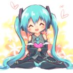  1girl aqua_hair ayakashi_(monkeypanch) blush closed_eyes detached_sleeves hatsune_miku heart highres long_hair necktie open_mouth sitting solo twintails very_long_hair vocaloid wariza wings 