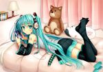  1girl aqua_eyes aqua_hair bed cafeore curtains detached_sleeves digital_media_player feet hatsune_miku headphones lamp long_hair lying no_shoes on_stomach skirt solo stuffed_animal stuffed_toy thigh-highs twintails very_long_hair vocaloid 