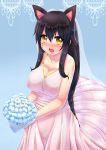  1girl ahri animal_ears blush bouquet braid breasts bridal_veil bride cleavage collarbone dress facial_mark fang flower fox_ears fox_tail large_breasts league_of_legends long_hair multiple_tails open_mouth solo tail veil wedding_dress whisker_markings xano yellow_eyes 