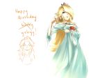  2girls aerlai bare_shoulders blonde_hair blue_eyes breasts character_doll chibi_inset crown dress earrings hair_over_one_eye happy_birthday highres jewelry long_hair mario super_mario_bros. multiple_girls princess_peach rosetta_(mario) smile super_mario_bros. super_mario_galaxy 