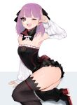  1girl absurdres ass bangs bare_shoulders black_dress black_footwear black_legwear blush boots breasts detached_collar dress fate/grand_order fate_(series) helena_blavatsky_(fate) high_heel_boots high_heels highres knee_boots long_sleeves looking_at_viewer one_eye_closed open_mouth purple_hair re_(scd6) short_dress short_hair small_breasts smile thigh-highs thighs violet_eyes 
