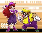  1boy 1girl bandanna bare_shoulders breasts captain_syrup character_name clenched_teeth copyright_name earrings eye_contact fat fat_man gloves height_difference high_heels jewelry large_breasts lips long_hair looking_at_another super_mario_bros. middle_finger necklace nintendo nitorou pointy_ears red_eyes redhead shoes smile standing super_mario_bros. teeth wario wario_land 