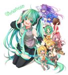  3boys 5girls ahoge belt blonde_hair blue_eyes blue_hair boots brother_and_sister brown_eyes brown_hair cross-laced_footwear detached_sleeves fan folding_fan goggles goggles_on_head green_eyes green_hair gumi hair_ornament hair_ribbon hairclip hatsune_miku headset heart kagamine_len kagamine_rin kaito kamui_gakupo knee_boots kneeling lace-up_boots leg_warmers long_hair megurine_luka meiko midriff momomochi multiple_boys multiple_girls necktie one_eye_closed open_mouth outstretched_arms pink_hair ponytail purple_hair ribbon short_hair shorts siblings simple_background skirt spread_arms thigh-highs thigh_boots twintails very_long_hair violet_eyes vocaloid white_background wink 