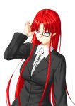  1girl alternate_costume bespectacled blue_eyes braid breasts female formal glasses highres hong_meiling long_hair niwatazumi redhead sketch smile solo suit touhou twin_braids upper_body very_long_hair 