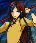  1boy blue_hair braid brown_eyes brown_hair chinese_clothes king_of_fighters long_hair male_focus multicolored_hair puchi-pochi shion_(kof) solo staff the_king_of_fighters twin_braids two-tone_hair very_long_hair wristband 