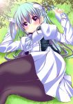  1girl black_legwear blush dress grass green_hair haruta_(806060) long_hair long_sleeves looking_at_viewer looking_back lying on_side original outdoors pantyhose plant puffy_long_sleeves puffy_sleeves thighs two_side_up violet_eyes white_dress 