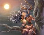  1girl breasts chiaki_rakutarou cleavage full_moon gloves hairband head_wings idolmaster in_tree large_breasts long_hair midriff moon navel night red_eyes shijou_takane silver_hair sitting sitting_in_tree sky smile solo thigh-highs tree wind 