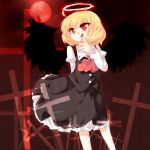  1girl arm_behind_back black_wings blonde_hair blood cross dress ex-rumia female finger_licking halo highres koza kozakura_(dictionary) licking necktie red_eyes rumia short_hair smile solo tongue touhou wings 