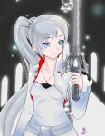  1girl blue_eyes dress hair_ornament jewelry light_smile long_hair necklace ponytail rapier rwby scar silver_hair smile solo sword very_long_hair weapon weiss_schnee white_dress white_hair 