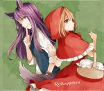  1boy 1girl animal_ears basket big_bad_wolf_(cosplay) big_bad_wolf_(grimm) brown_hair cosplay dress fang green_eyes hood hoodie little_red_riding_hood little_red_riding_hood_(cosplay) little_red_riding_hood_(grimm) long_hair one_eye_closed purple_hair rita_mordio tail tales_of_(series) tales_of_vesperia tama_(songe) violet_eyes wink wolf_ears yuri_lowell 