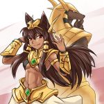  1girl abs animal_ears anubis armor back-to-back brown_hair dark_skin genderswap jewelry league_of_legends long_hair lots_of_jewelry nam_(valckiry) nasus personification red_eyes toned 