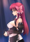  1girl akasaai amane_(dream_c_club) bare_shoulders blush bow breasts cleavage detached_sleeves dream_c_club hair_bow hands_clasped highres large_breasts long_hair maid own_hands_together profile red_eyes redhead solo waitress 