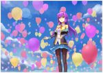  1girl balloon clouds gj-bu highres jinyuan712 long_hair long_sleeves off_shoulder pantyhose purple_hair school_uniform sky smile solo sumeragi_shion violet_eyes 