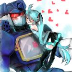  1girl blush couple crossover decepticon hatsune_miku hug mecha nervous rkp robot science_fiction size_difference soundwave sweat transformers vocaloid 