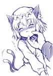  1girl :3 ^_^ akou_roushi animal_ears blush cat_ears cat_tail chen chin_tickle closed_eyes female hat monochrome petting short_hair skirt solo tail tail_wagging touhou 