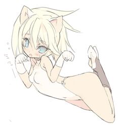  1girl :o animal_ears bad_id blade_(galaxist) blonde_hair blue_eyes blush boots cat_ears clothed_navel covered_navel flying_sweatdrops gloves leotard looking_at_viewer lowres original short_hair simple_background solo white_background white_gloves 