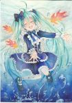  10s 1girl 2013 aqua_eyes artist_name bow closed_eyes dated dress fish frills hair_bow hatsune_miku long_hair mosho open_mouth pantyhose solo traditional_media twintails very_long_hair vocaloid watercolor_(medium) 