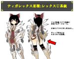  1girl armor black_hair bow brute_tigrex_(armor) capcom character_sheet crossover elbow_pads faulds gauntlets greaves hair_bow hair_tubes hakurei_reimu highres long_hair monster_hunter monster_hunter_portable_3rd morodashi pauldrons red_eyes solo thigh-highs tigrex_(armor) touhou translation_request 