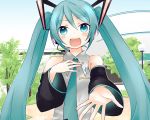  1girl aqua_eyes aqua_hair detached_sleeves hand_on_own_chest hatsune_miku headset kanitama_(putyourhead) long_hair necktie open_mouth outstretched_arm solo twintails vocaloid 