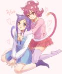  2girls aida_mana animal_ears bad_id blue_eyes blue_hair blush bow braid cat_ears cat_tail couple dated dokidoki!_precure flipped_hair hair_bow half_updo heart hishikawa_rikka hug hug_from_behind kneeling long_hair lotter75 multiple_girls pink_bow pink_eyes pink_hair precure short_hair sitting smile socks tail thigh-highs v_arms wariza yuri 