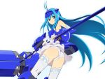  1girl antenna_hair armor ass bare_shoulders blue_hair breastplate caryo elbow_gloves fingerless_gloves forehead_protector fusion gloves hammer long_hair looking_back nanashino short_shorts shorts simple_background skirt solo thigh-highs very_long_hair vividblue vividred_operation white_background white_gloves white_legwear 