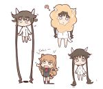  2girls ? animal_ears blush_stickers brown_hair c: chibi cosplay doughnut erua fernandia_malvezzi food hair_stilts highres honda_takashi_(enorea) mister_donut multiple_girls o_o open_mouth outstretched_arms pon_de_lion pon_de_lion_(cosplay) sidelocks strike_witches tail takei_junko white_background world_witches_series 