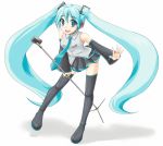  1girl absurdres aqua_eyes aqua_hair boots detached_sleeves hatsune_miku headset highres long_hair microphone microphone_stand nail_polish necktie open_mouth senarinko simple_background skirt solo thigh-highs thigh_boots twintails very_long_hair vocaloid white_background 