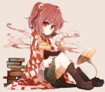  1girl apron bell book boots checkered clothes_writing cross-laced_footwear female hair_bell hair_ornament hisona_(suaritesumi) lace-up_boots long_sleeves looking_at_viewer motoori_kosuzu phonograph pink_hair red_eyes short_hair short_twintails sitting skirt smile solo touhou twintails wide_sleeves 