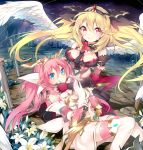  2girls bad_id blonde_hair blue_eyes blush boots breasts cozyquilt elbow_gloves fingerless_gloves flower gloves large_breasts long_hair looking_at_viewer lying multiple_girls on_back on_lap original pink_hair pink_legwear planted_sword planted_weapon red_eyes sitting smile sword tears thigh-highs thigh_boots twintails weapon white_wings wings yuran_(cozyquilt) 