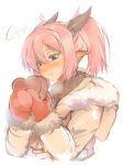  10s 1girl 2013 blue_eyes blush box breath coat dated earrings fur_trim heart hood hood_down horns jewelry lilim_(shingeki_no_bahamut) mel/a mittens pink_hair pointy_ears shingeki_no_bahamut short_twintails signature solo turtleneck twintails upper_body white_background winter_clothes winter_coat 