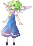  1girl alphes_(style) ascot bow dairi daiyousei fairy_wings female full_body green_eyes green_hair hair_bow hair_ornament long_hair looking_at_viewer parody shirt shoes short_sleeves side_ponytail simple_background skirt skirt_set socks solo style_parody touhou transparent_background wings 