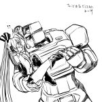  1girl ass ass_grab boots couple crossover decepticon detached_sleeves hatsune_miku mecha monochrome necktie rkp robot science_fiction size_difference soundwave surprised thigh-highs thigh_boots transformers twintails undressing vocaloid 