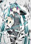  1girl absurdres barcode binary detached_sleeves hand_on_headphones hatsune_miku headphones headset highres long_hair musical_note necktie outstretched_arm skirt solo tattoo thigh-highs twintails vocaloid yoco 