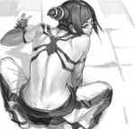  1girl ass back bare_shoulders barefoot capcom detached_sleeves drill_hair fingerless_gloves from_behind gloves halter_top halterneck han_juri looking_back mana30row monochrome solo squatting street_fighter street_fighter_iv street_fighter_iv_(series) super_street_fighter_iv toned twin_drills 