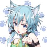  1girl animal_ears aqua_eyes aqua_hair bad_id cat_ears chestnut_mouth matsuryuu open_mouth paw_pose paw_print shinon_(sao) shinon_(sao-alo) solo sword_art_online 